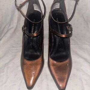 Carlo Rossetti "Serafi" Glossy Bronze/Brown Leather High Block Heel Pump. Size 9